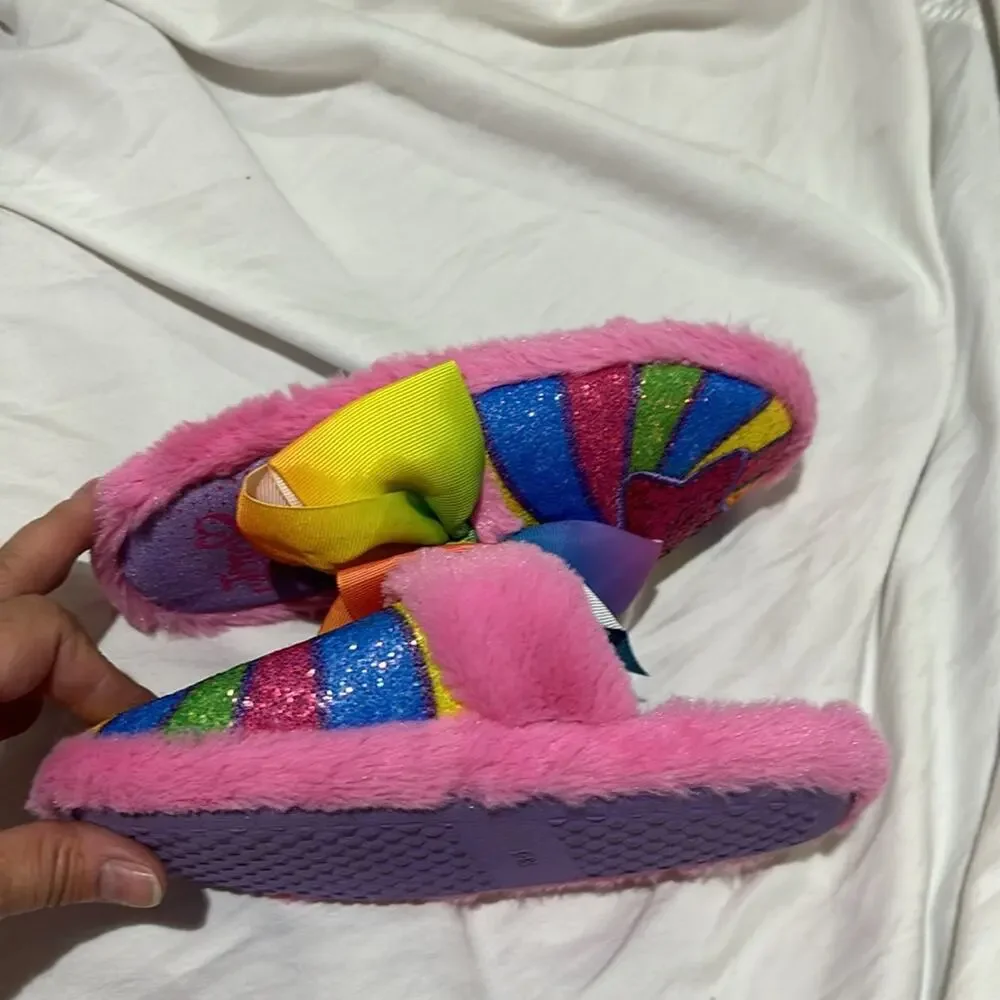 Rainbow slippers 13/1 worn once bows and glitter soft furry rubber soles